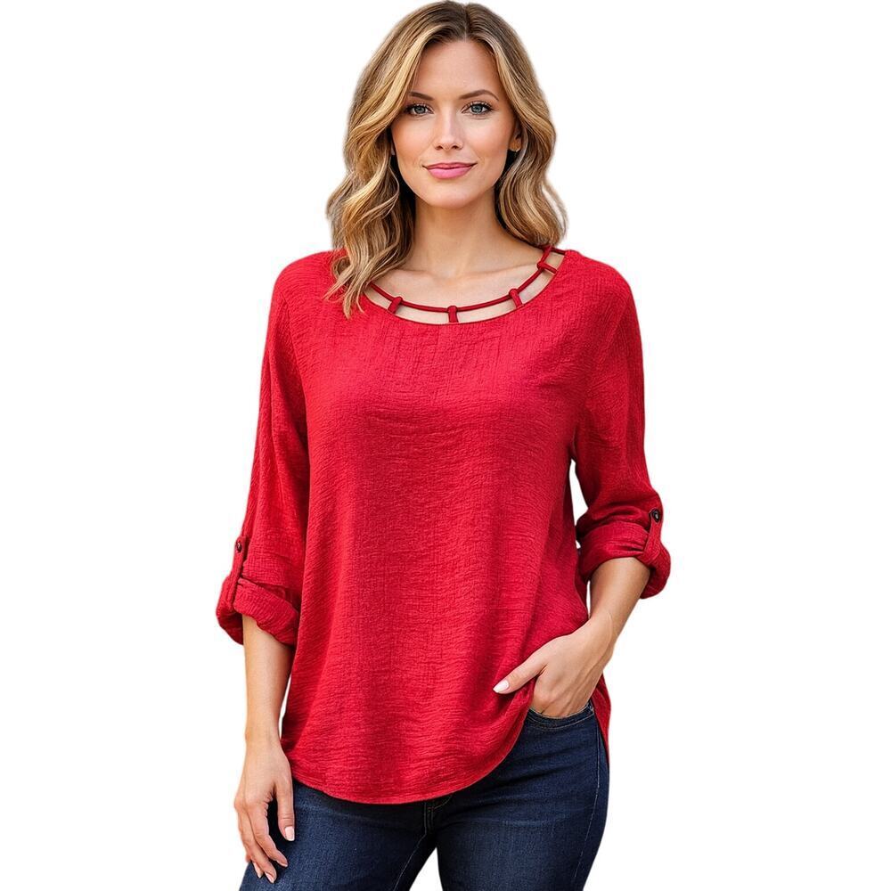 UMGEE guaze crinkle red cut out collar top holiday Christmas roll tab tunic M